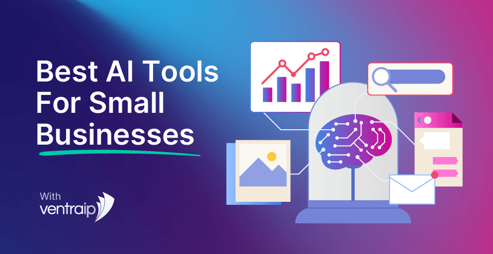 Illustration with the text 'Best AI Tools for Small Businesses – With VentraIP', featuring a digital brain surrounded by icons representing charts, search, email, content, and images, on a blue and purple gradient background.