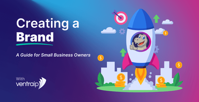 Illustration of a rocket with a cartoon dinosaur mascot launching from a cityscape, surrounded by dollar signs, arrows, and gears, symbolising business growth. Text reads 'Creating a Brand – A Guide for Small Business Owners' with VentraIP logo in the corner.