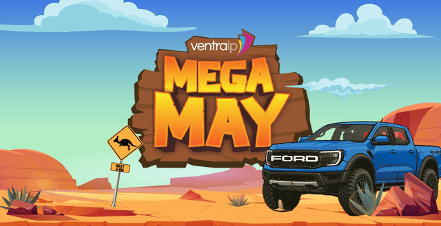 Illustration of a desert landscape featuring a blue Ford Ranger pickup truck on the right, parked beside a large wooden sign that reads 'VentraIP Mega May'. A kangaroo crossing road sign and rocky outback scenery enhance the Australian theme.