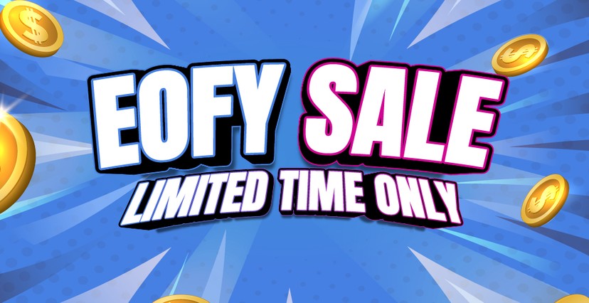 Bright promotional banner with bold comic-style text that reads “EOFY Sale – Limited Time Only” on a blue radial background with gold coin graphics.
