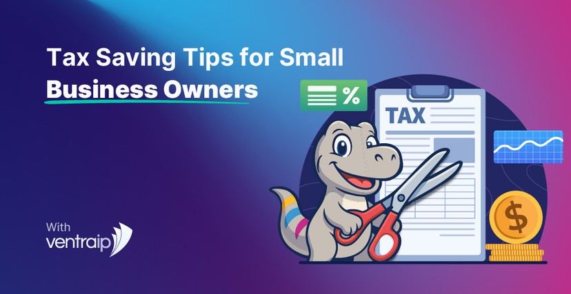 Illustration promoting tax saving tips for small business owners, featuring a smiling cartoon dinosaur holding scissors in front of a tax document, with icons of a percentage symbol, graph, and gold coins. Text reads 'Tax Saving Tips for Small Business Owners' with the VentraIP logo in the corner.