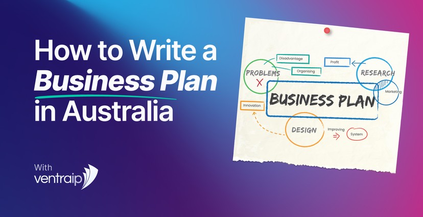 Illustration for a blog titled ‘How to Write a Business Plan in Australia’ featuring a paper with diagrams labelled research, design, problems, and innovation, alongside the VentraIP logo on a blue and purple gradient background.