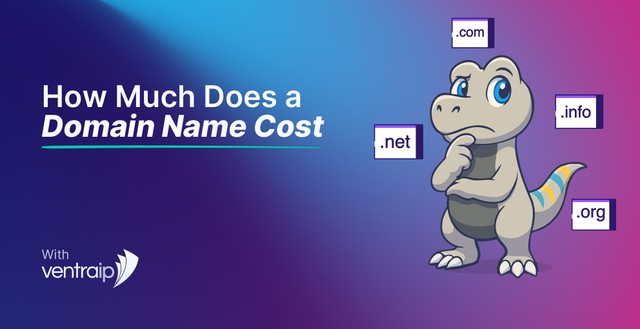 Cartoon dinosaur mascot thinking about different domain extensions (.com, .net, .org, .info) next to the text ‘How Much Does a Domain Name Cost’ with VentraIP branding on a purple and blue gradient background.