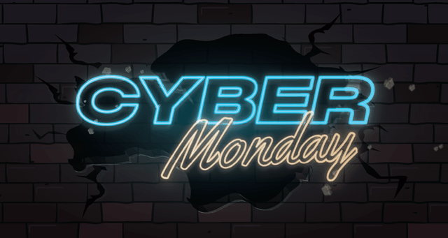 A glowing neon sign reading “Cyber Monday” on a cracked brick wall, with the word “Cyber” in blue and “Monday” in light gold script, symbolising an online shopping event.